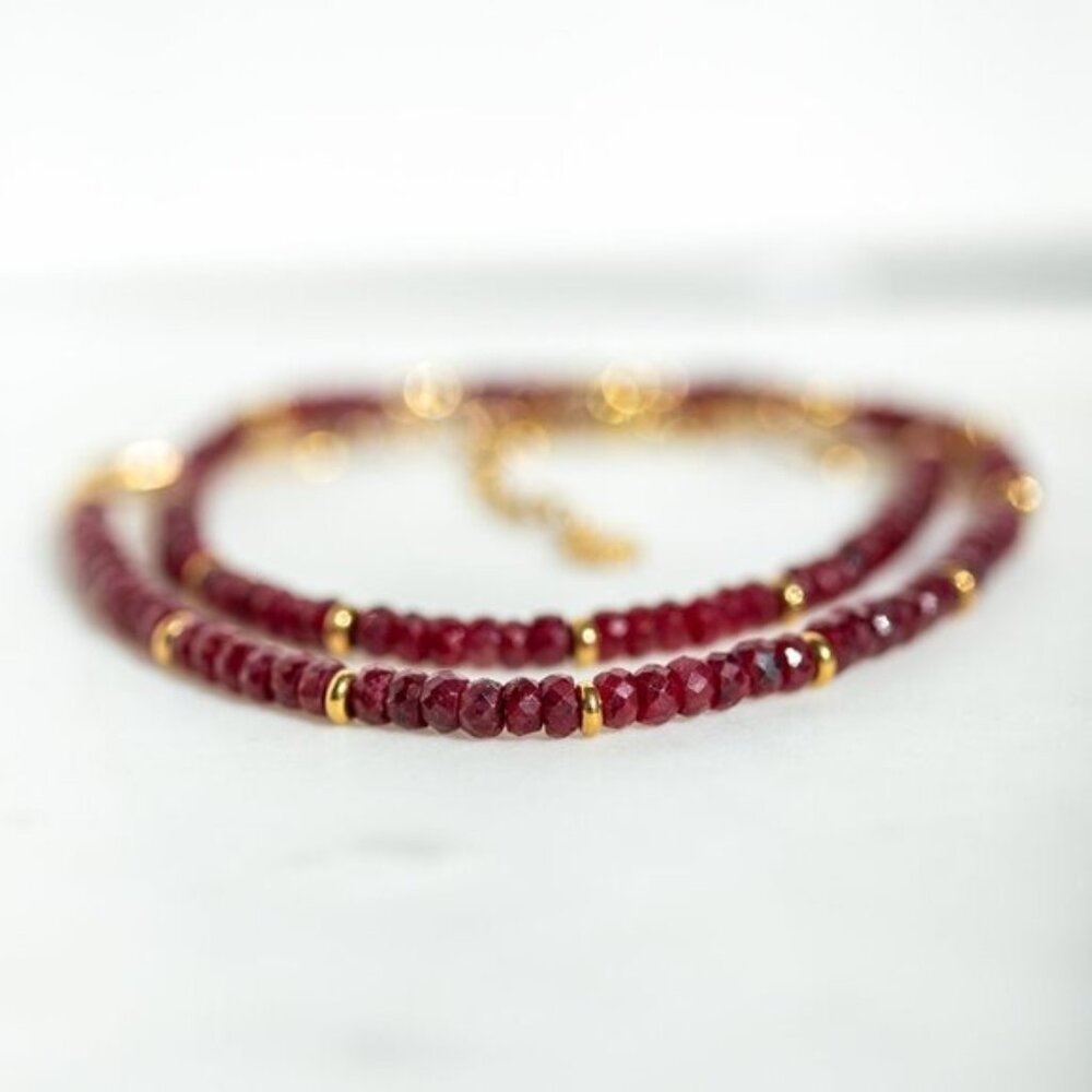 Ruby Beaded Necklace Gold Waterproof Chain July Birthstone Ruby Gemstone Jewelry - Picture 5 of 14